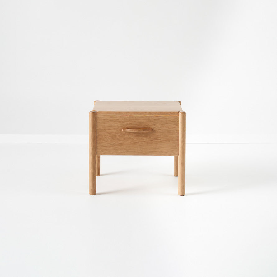 Axel II round solid timber bedside table, American White Oak